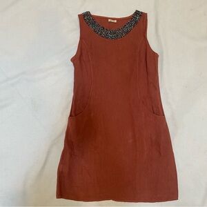Lina Tome S Linen Dress Burnt Orange Rust Beaded Neck Travel Lightweight Stretch